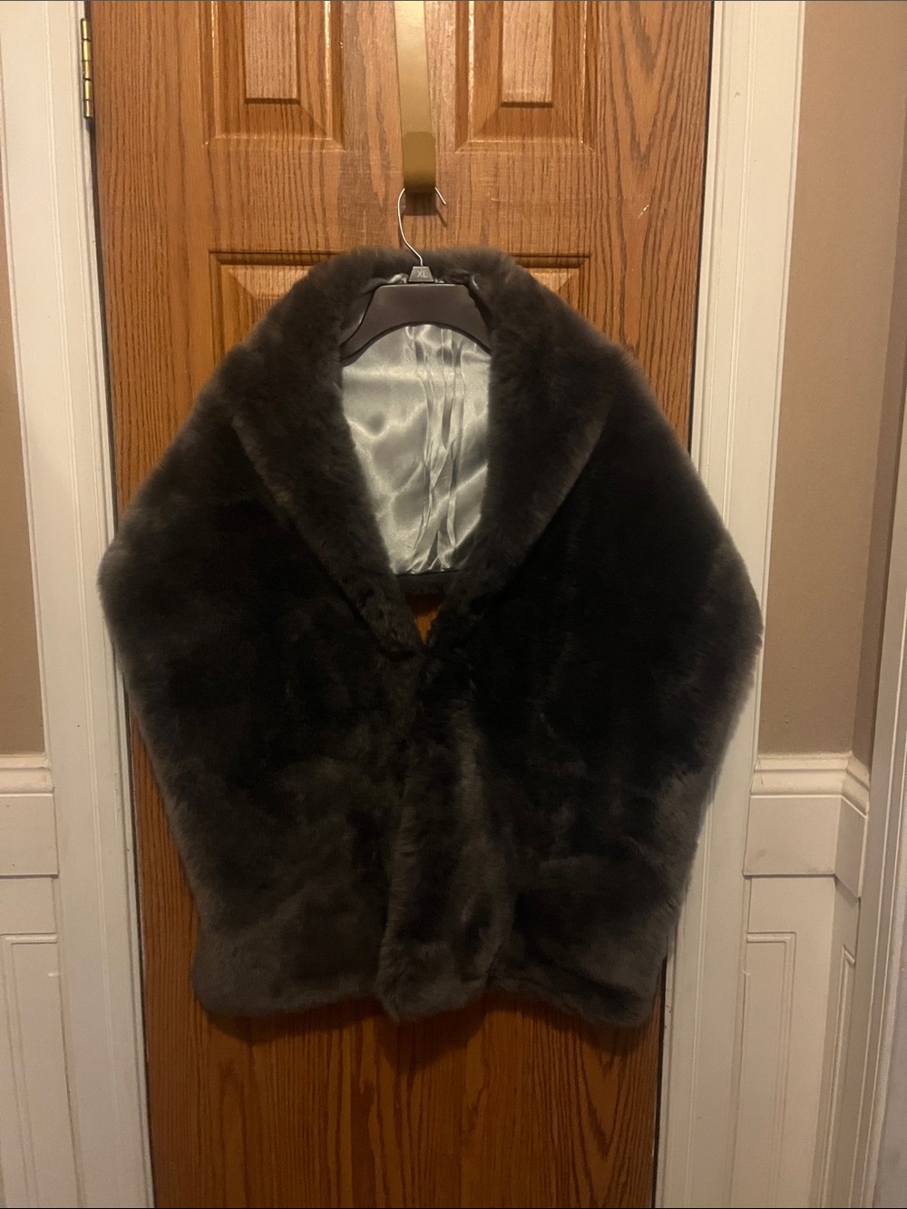 Plush Dark Gray Faux Fur Shawl Collar Cape